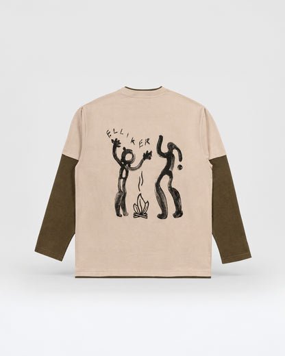 LOWN CAMPFIRE PRINT LONG SLEEVE T-SHIRT PEBBLE 