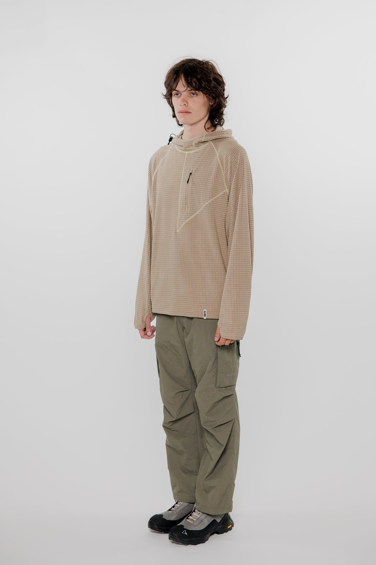 HUDSWELL PULLOVER GRID FLEECE HOODIE TAUPE 