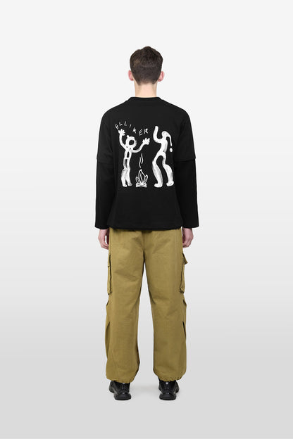 LOWN CAMPFIRE PRINT LONG SLEEVE T-SHIRT BLACK 