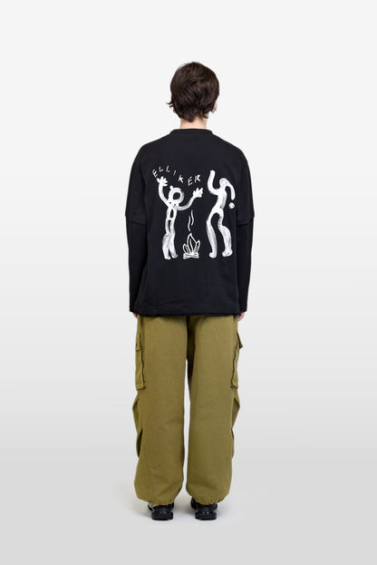 LOWN CAMPFIRE PRINT LONG SLEEVE T-SHIRT BLACK 