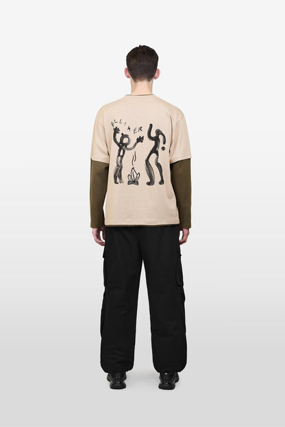 LOWN CAMPFIRE PRINT LONG SLEEVE T-SHIRT PEBBLE 